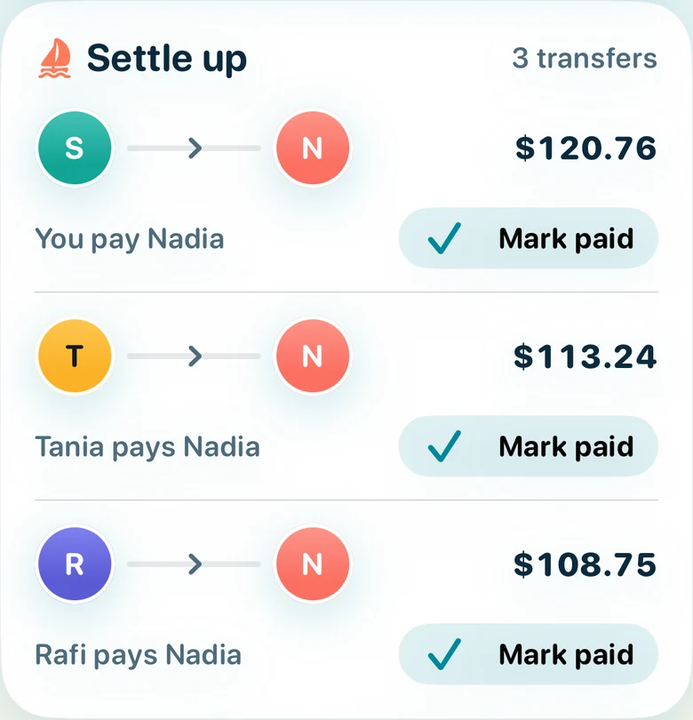 Settle up card: three transfers with Mark paid buttons