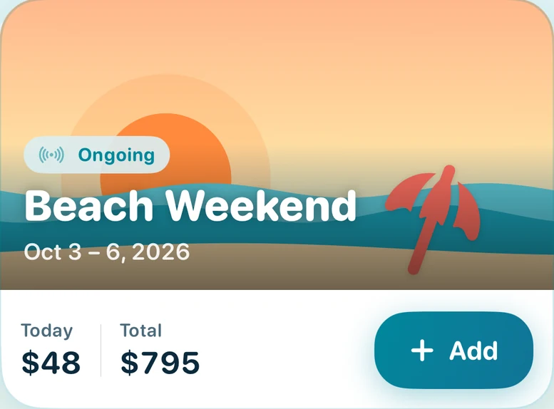 Beach Weekend trip card: $48 spent today, $795 total, with an Add button